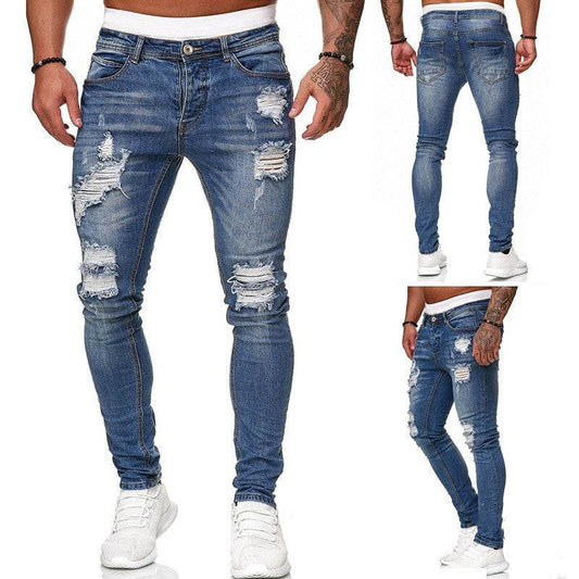 Fashion Street Style Ripped Skinny Jeans Men Vintage Wash Solid Denim Trouser Mens Casual Slim Fit Pencil Denim Pants - HadafExpress
