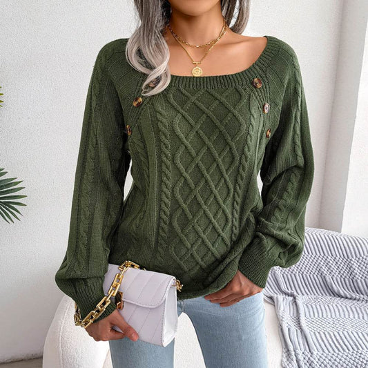 Square Neck Knitted Sweater With Button Design Winter Warm Long Sleeve Tops Women's Clothing - HadafExpress