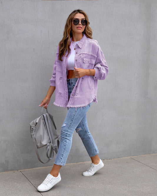 Fashion Ripped Shirt Jacket Female Autumn And Spring Casual Tops Womens Clothing - HadafExpress