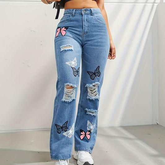 High Waisted Straight Leg Jeans For Women Trendy Butterfly Print Ripped Distressed Denim Pants - HadafExpress