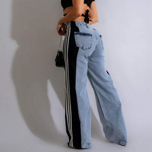 2024 Fashion Casual High Waist Elastic Straight Leg Trousers Three Stripe Patchwork Denim Wide Leg Pants Streetwear - HadafExpress